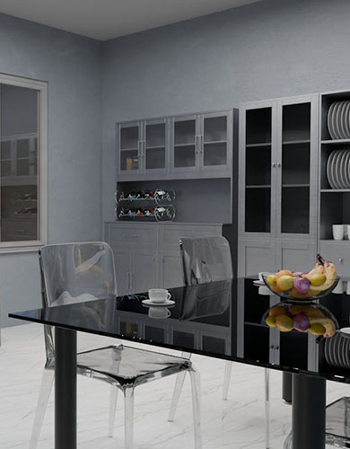 A modern dining room featuring a sleek glass table surrounded by stylish chairs.